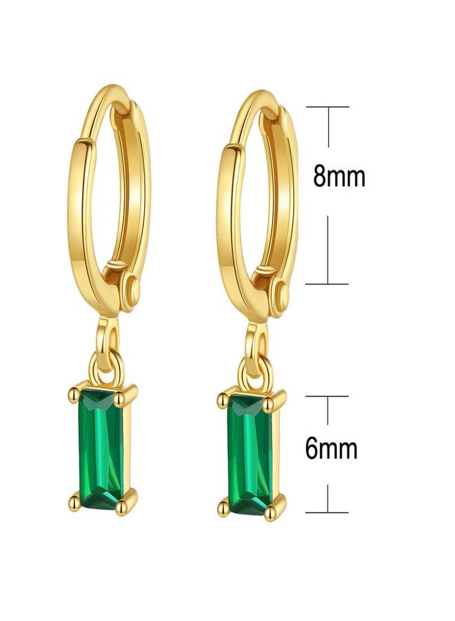 BLBLJERY Green Earrings 18k Gold Plated Huggie Earring with Dangle Simulated Emerald Earrings for Women Small Gold Huggie Hoop Baguette Earring - Image 2